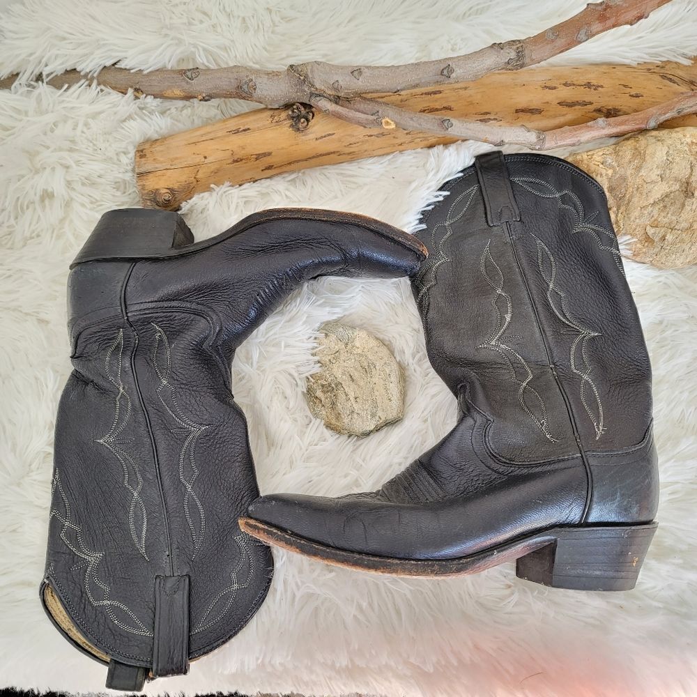 Dan post vintage black leather cowboy boots with white stitching 16530